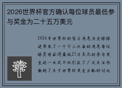 2026世界杯官方确认每位球员最低参与奖金为二十五万美元