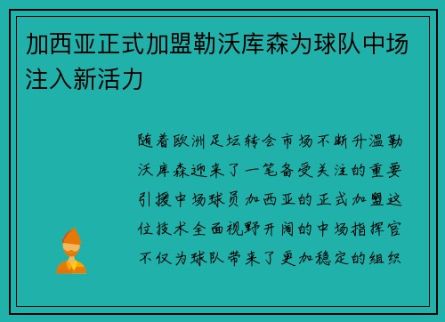 加西亚正式加盟勒沃库森为球队中场注入新活力